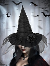 economico Accessori di Halloween-cappello da strega di Halloween da donna con velo a rete e rosa – cappello gotico a punta per feste in maschera, cosplay ed eventi a tema