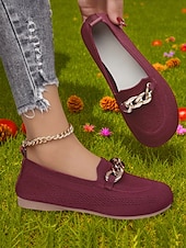 abordables Chaussures sans lacet et mocassins femme-Mocassins Flyknit orange à bout large pour femme – chaussures plates décontractées, confortables et respirantes avec chaîne en métal, idéales pour le shopping, le travail et les promenades dans le jardin