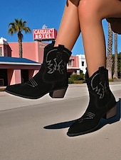 abordables Cowboy y botas occidentales-Botas vaqueras occidentales de gamuza marrón para mujer: cómodas botas de tacón de bloque con punta puntiaguda hasta media pantorrilla para mujer, estilo bohemio, ideales para festivales de música,