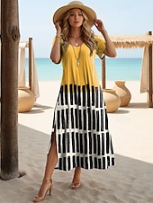 cheap Stripe&amp;Geometric Dress-Women&#039;s Maxi Dress T Shirt Dress Tee Dress Sundress Shift Dress Vacation Casual Beach Party Beach Regular Fit Geometric Stripe Short Sleeve Crewneck Yellow Pink Red Blue Summer Spring