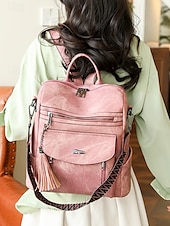 abordables Sacs à Dos de Mode-Sac à dos convertible en similicuir pour femme – Sac à bandoulière vintage multi-poches avec pompon pour les déplacements quotidiens, les voyages et le travail