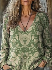 abordables Tops bohèmes-Femmes Chemisier Fleuri Bohème ancien manche longue Col en V Hauts Réguliers Quotidien Fête Imprimé Vert herbe Vert Claire Vin Vert Véronèse Rouge Été Printemps Automne