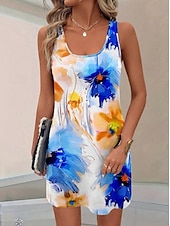 preiswerte Blumenkleider-Damen Minikleid Sommerkleid A Linie Kleid Urlaub Lässig Hochzeit Heim Party Normale Passform Blumen Grafik Blatt Ärmellos U-Ausschnitt Blau Sommer Frühling