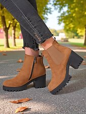 baratos Botas do Chelsea-Botas Chelsea femininas de camurça sintética – botins de salto grosso e sola de borracha para passeios de outono na fazenda, estradas rurais e colheita de abóboras