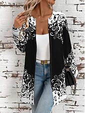 tanie Płaszcze i płaszcze trench-Damskie Zwykła kurtka Wygodny Oddychający Kieszeń Elegancja Zabytkowe Moda Codzienny Geometryczny Urlop Dzienne zużycie Otwarty przód Regularny Wycięcie pod szyją Luźna Długi rękaw Odzież wierzchnia