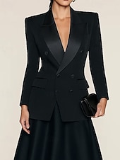 abordables Trajes de pantalón de mamá-Trajes de mujer de corbata negra, top para madre de la novia, elegante satén con solapa de pico, tejido elástico de crepé, manga larga con botones, color liso 2025