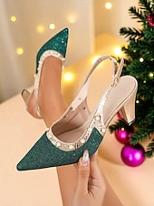 baratos sapatos slingback-Sapatos de salto alto femininos com glitter verde, tira dourada e detalhes em pérolas - sapatos de festa estilosos para a vida noturna e baladas