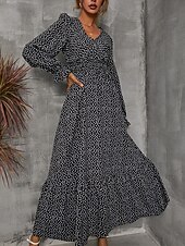 preiswerte Elegante Blumenkleider-Damen Langes Kleid Maxikleid Freizeitkleid Druckkleid Mode Modern Täglich Strand Wochenende Normale Passform Blume Langarm V Ausschnitt Schwarz Rote Blau Grün Sommer Frühling Herbst