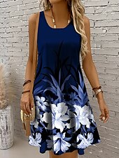 abordables Robes fleuries-Femmes Mini Robe Robe d&#039;Été Robe trapèze Robe d&#039;été Vacances Occasionnel Coupe régulière A Ombre Fleuri Graphique Sans manches Col en U Col Rond Noir et Blanc Marron foncé Rouge Bleu Été Printemps
