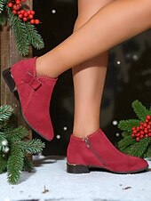 abordables Bottines-Bottines rouges en simili-suède pour femme – bottines à talon bas avec nœud latéral pour les tenues d&#039;hiver, les fêtes de Noël et les achats décontractés