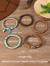 economico Bracciale da donna-Set di braccialetti con ciondoli a strati con perline boho da donna: bracciali in legno, turchese e pelle scamosciata in stile vintage con ciondoli a forma di foglia e geometrici, ideali per abbigliamento casual, festival e vacanze al mare