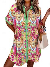 preiswerte Blumenoberteile-Damen Minikleid Hemdblusenkleid Freizeitkleid Sommerkleid Vintage Täglich Strand Wochenende Normale Passform Geometrisch Farbblock Kurzarm Hemdkragen Grün Sommer