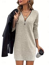 abordables Robes en tricot-Femmes Mini Robe Robe Tricot Robe Décontractée Robe d&#039;Hiver Mode Moderne Quotidien Date Week-end Coupe régulière Uni manche longue Col en V Noir Abricot Printemps Automne Hiver