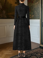 billige Aftenkjoler-Svart slips jacquard brokade a-linje aftenkjole elegant kjole formell bryllup gulvlang langermet v-hals lomme nylon med sløyfe(r) stropper 2025