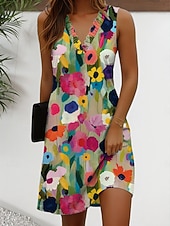 abordables Robes fleuries-Femmes Mini Robe Robe d&#039;Été Robe fourreau Occasionnel Boho Chaussures de plage Soirée Sortir Plage Coupe régulière Fleuri Graphique Sans manches Col en V Rouge Bleu Vert Kaki Été Printemps