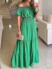 preiswerte abendkleider-Damen Langes Kleid Maxikleid Cocktailkleid Kleid für Hochzeitsgäste Chiffon Schwingkleid Mode Modern Outdoor Urlaub Täglich Normale Passform Einfach Kurzarm Schulterfrei Gelb Blau Fuchsie Grün Sommer