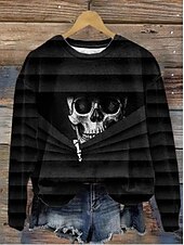 preiswerte Halloween Oberteile-Damen Pullover Sweatshirt Grafik Schädel Halloween Mode Lässig Langarm Rundhalsausschnitt Rundhals Normale Oberteile Straße Alltagskleidung Lässig Druck Schwarz Braun Grün Hell Gray Dunkelgray Herbst