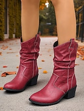 levne Slouch Boots-Dámské hnědé volné kozačky do půli lýtek s úzkým podpatkem – boty z umělé kůže ve vintage westernovém stylu na venkovské outfity, návštěvy farem a podzimní festivaly