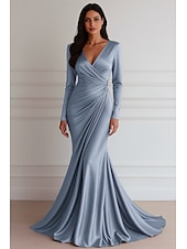 ieftine Rochii de seară sirenă-Rochie de Seară Sirenă  Trompetă Rochie Elegantă Rochie Formală de Nuntă Lungime Întreaga Mâneci Lungii Decolteu în V Rochie Satin Elastic cu Plisaje