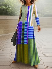 preiswerte Streifen- und geometrisches Kleid-Damen Maxikleid T-Shirt-Kleid A Linie Kleid Sommerkleid Urlaub Lässig Strand Täglich Normale Passform Grafik Geometrisch Langarm Rundhalsausschnitt Rote Blau Orange Frühling Herbst Winter