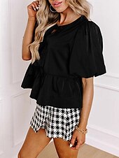 abordables Hauts Unis pour Femmes-Femmes Chemisier Uni Moderne Occasionnel Manche Courte Col ras du cou Hauts Réguliers Quotidien Fête Sortir Œillet Noir Automne