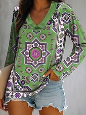abordables T-shirt Boho-Femmes T-shirt Graphique Géométrique Paisley Élégant ancien Classique manche longue Col en V Hauts Réguliers Quotidien Sortir Week-end Imprimé Bleu Violet Vert Été Printemps Automne