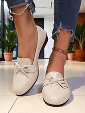 preiswerte Damenhausschuhe und -halbschuhe-Cremefarbene Loafer aus Kunstleder für Damen – bequeme Slipper mit Schleife und Keilabsatz, lässig-elegante Schuhe fürs Büro, zum Einkaufen und für den Alltag