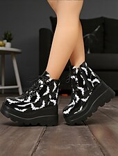 abordables Pour les femmes-Bottines à plateforme pour femmes à imprimé chauve-souris d&#039;Halloween – Bottines de combat à talons épais et lacets de style gothique punk pour fêtes, cosplay et soirées