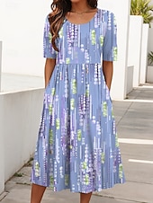 preiswerte Kunst &amp; Design Kleid-Damen Midikleid Sommerkleid Faltenkleid Urlaub Lässig Ferien Normale Passform Grafik Geometrisch Abstrakt Halbarm Rundhalsausschnitt Rosa Blau Grün Sommer Frühling