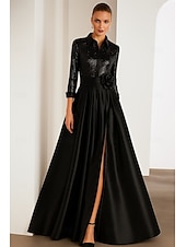 economico Vestiti da sera-Abito da sera A-Line con cravatta nera Abito elegante formale da matrimonio lunghezza fino al pavimento maniche lunghe colletto camicia mantelle in satin con pieghe glitter