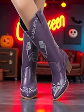 abordables Para mujeres-Botas vaqueras azules occidentales para mujer con bordado de esqueleto rosa: botas de media pantorrilla con tacón grueso para disfraz gótico de Halloween, ideal para cosplay, conciertos y festivales