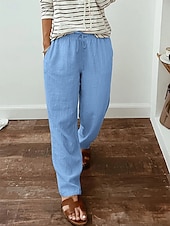 baratos Calça de linho de algodão simples-Mulheres Calças de linho de algodão Calças Roupa de rua Casual Longas Cintura Alta Tecido Bolsos Design de cordão elástico Corte alto Respirabilidade Macio Micro-Elástica Rua Roupa Diária Preto