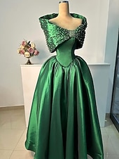 Недорогие Платья на вечер в стиле А-силуэта-А-силуэт В пол Вышивка бисером Вечернее платье Платье матери невесты Вечернее платье С пышной юбкой Торжественное платье Элегантный стиль Блестящая С короткими рукавами С открытыми плечами