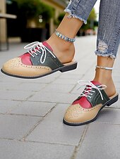 abordables Women's Clogs &amp; Mules-Women's 1950s Vintage Colorblock Wingtip Mule Oxford Shoes - Yellow Blue Slip-On Lace-Up Flats for Casual Street Style, Outings and Weekend Travel