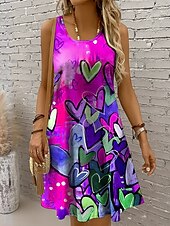 preiswerte Streifen- und geometrische Kleider-Damen Minikleid Sommerkleid A Linie Kleid Schulterfreies Kleid Urlaub Lässig Boho Ferien Strand Normale Passform Herz Grafik Ärmellos Rundhalsausschnitt Gelb Rote Blau Purpur Sommer Frühling
