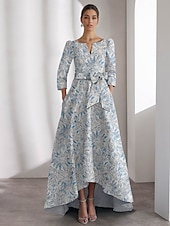 baratos Vestidos de Cocktail-vestido jacquard floral azul, vestidos de coquetel em linha A, vestido formal de gala com gravata preta, manga 3/4, decote em V com bolso, 2025