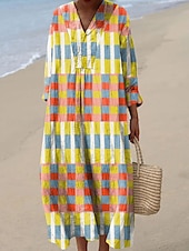 preiswerte Streifen- und geometrische Kleider-Damen Midikleid Freizeitkleid Sommerkleid A Linie Kleid Urlaub Lässig Boho Party Strand Lässiger Schnitt Grafik Geometrisch Langarm V Ausschnitt Schwarz Gelb Rosa Rote Sommer Frühling Herbst