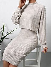 levne Pletené šaty-Dámské Sada šatů Slip Dress Na běžné nošení Semiformální šaty Bez vzoru Design Mini šaty Dlouhý rukáv Tričkový Venkovní Rande Černá Nebeská modř Meruňková Jaro Podzim Běžný