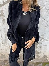 billiga Vinterjackor-Dam Kappa Håller värmen Bekväm Tofs Mode Modern Ledigt Slät Utekväll Helgen Öppen front Normal Kraglös Normal Långärmad Ytterkläder Svart Vit Rubinrött Höst Vinter