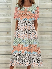preiswerte Lässige Blumenkleider-Damen Midikleid T-Shirt-Kleid Sommerkleid Shiftkleid A Linie Kleid Urlaub Lässig Boho Party Strand Normale Passform Blumen Grafik Kurzarm Rundhalsausschnitt Orange Sommer Frühling