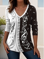 abordables T-shirt Art &amp; Design-Festival de musique Femmes T-shirt Graphique Musique ancien Élégant Classique manche longue Col en V Hauts Réguliers Quotidien Sortir Week-end Imprimé Noir et blanc Noir Blanche Printemps Automne
