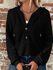 billige Teksturert hettegensere og sweatshirt-Dame Genser Fritid Helfarge Riflet Med hette Knapper Strikket Langermet Vanlige topper Strikke Daglig Ut på byen Helg Svart Hvit Høst