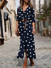 abordables Robe Rayée et Géométrique-Femmes Robe maxi Robe fourreau Vacances Occasionnel Quotidien Coupe régulière À pois manche longue Col de chemise Vert militaire Noir Rouge Bleu Été Printemps