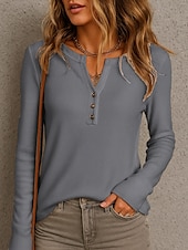 abordables Hauts Unis pour Femmes-Femmes Chemisier Uni Élégant Moderne manche longue Col en V Hauts Réguliers Quotidien Fête Boutons Vert Claire Bleu Beige Gris Été Printemps Automne