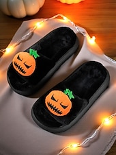 olcso Nőknek-női fehér, bolyhos halloweeni tökcipő – puha beltéri cipő vicces rajzfilmfigurás dizájnnal őszi és ünnepi otthoni viseletre