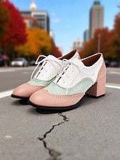 preiswerte 1950er Jahre-Zweifarbige Oxford-Schuhe mit Blockabsatz für Damen – Retro-Schnürschuhe in Mintgrün und Metallic für den Streetstyle im 50er-Jahre-Stil, Alltagsoutfits und legere Anlässe