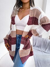 ieftine Cardigane și îmbrăcăminte exterioară-Pentru femei Pulover Bluza Elegant Modă Șic Stradă Dungi Culoare pură Deschis frontal Tricotat Manșon Lung Topuri obișnuite Tricotat În aer liber Zilnic Sfârșit de săptămână Negru Roșu Vin Toamn