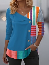 ieftine Tricou cu dungi și geometric-Pentru femei Tricou Grafic Geometric Plisat Modă Casual Manșon Lung Stil Nautic Topuri obișnuite Zilnic Peteci Nasturi Imprimeu Roșu-aprins Albastru piscină Mov Trifoi Primăvară Toamnă Iarnă