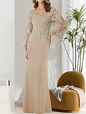 cheap Floor Length-Mermaid / Trumpet Mother of the Bride Dress Elegant Off Shoulder Floor Length Lace Long Sleeve with Solid Color