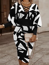 economico Abito a Strisce e Geometrico-Per donna Abito Midi Abito aderente Abiti semi formali Ufficio Vestibilità regolare Geometrico Manica Lunga Scollo a V Nero Bianco Rosso Oro Primavera Autunno Inverno